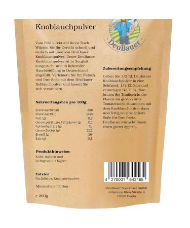 Buy 100% Natural Garlic Powder - Vegan Additive-Free Perfect for All Dishes - Deubauer 200g - Buy Online on GoSupps.com