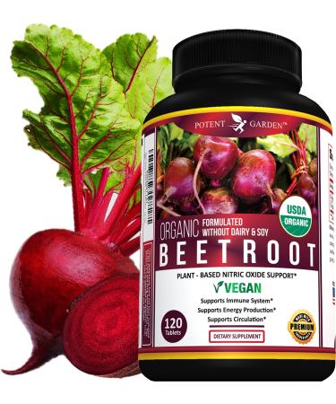 Potent Garden Premium Organic Beet Root Tablets -1350mg Beets Powder with Black Pepper for Extra Absorption Nitric Oxide Supplement for Heart Health Blood Pressure & Athletic Performance -120ct
