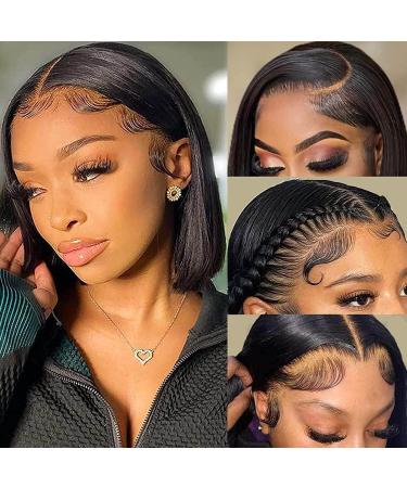 Moshe Bob Lace Wig Human Hair 13X4 HD Short Straight Lace Front Wigs Wear Go Human Hair Wigs for Black Women Glueless Lace Front Wig Pre Plucked Bleached Knots Lace Front Wigs Baby Hair 180% Density 10 INCH 10 Inch 13X4 ...