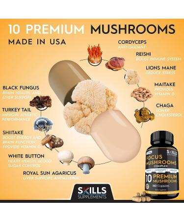 Skills Mushroom Supplement - 180 Capsules | Nootropic Brain Complex with Lions Mane, Cordyceps, Reishi, Shiitake - Immunity, Stress Relief & Memory Support - Buy Online on GoSupps.com