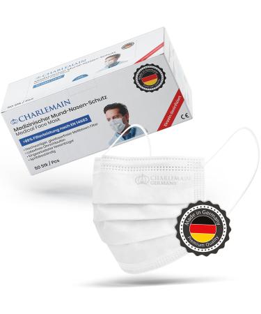Charlemain 500x op masks made in Germany EN 14683 Type IIR CE certified medical mouth-nose protection BFE 99.9% 3-layer latex-free MNS one-way face masks-white 1 piece (500 pack)