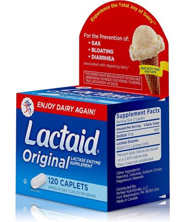 Lactaid Original Strength 120 ct Lactose Intolerance Relief Caplets with Natural Lactase Enzyme - Pack of 1 - Buy Online on GoSupps.com