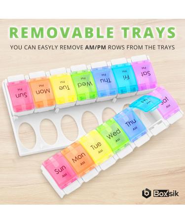 BoxSik 7-Day Pill Organizer - Rainbow 14 Compartments Medication Doser with Removable Sections for Morning & Evening Use - Buy Online on GoSupps.com