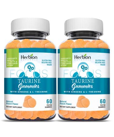 HERBION Naturals Taurine Gummies with Ginseng & L-Theanine B-Complex (B3 B6 B12) & Vitamin C Focus & Mental Clarity Support Peach-Flavoured Pectin Gummies 120 Count (Pack of 2)
