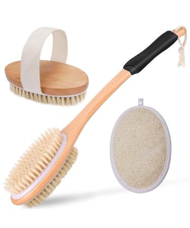 KIPRITII 3 Pack Value Set Includes Dry Brush for Exfoliating, Ergonomically Double-Sided Back Scrubber for Shower & Natural Loofah Pad, Back Shower Brush for Cellulite & Lymphatic