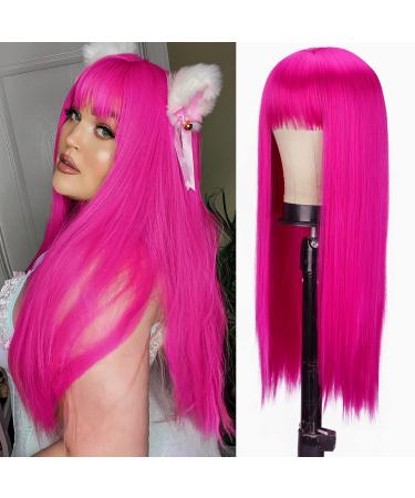 AISI BEAUTY Long Hot Pink Wigs for Women Straight Hot Pink Wig with Bangs 24 Inch Synthetic Colored Wigs for Party Cosplay