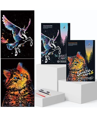 Niewalda Scratch Painting for Adults, Rainbow Sketch Pad DIY Scratchboard for Kids & Adults, Engraving Art & Craft Set, Scratch Painting Creative Gift, with Tools (Unicorn + cat) Unicorn-Cat