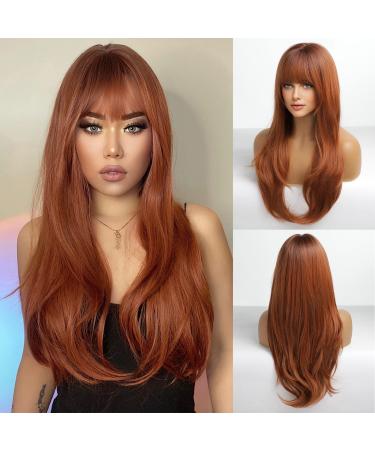 HAIRCUBE Auburn Wigs for Women,Long wig with Bangs Natural Wavy Auburn Wigs Heat Resistant Fiber Synthetic Wigs for Daily Party Auburn Color