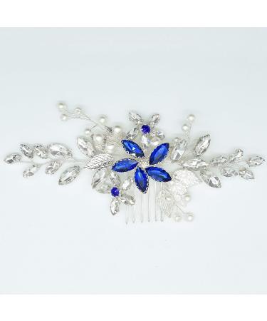 Silver Vintage Wedding Hair Comb with Blue Sapphire Rhinestone and Ivory Pearl - Handmade Bridal Headpiece for Brides and Bridesmaids - Buy Online on GoSupps.com