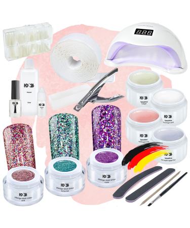 ND24 NAILDESIGN-Geln gel Starter Set Premium with Pick-up gel assembly gel French gel sealing gel LED lamp & accessories + funky glitter gels-complete set for beginners-GEL MADE in Germany Starter Set Premium + Funky Glitter GELE