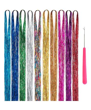 FAONIE 44 Hair Tinsel Kit With Tool 2600 Strands 10 colors Shiny Sparkle Fairy Hair Streaks Bling Hairpieces Glitter Tinsel Hair Extensions (2600 Strands)