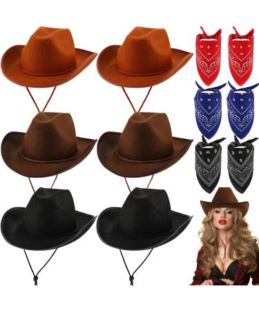12 Pcs Adult Cowboy Hat for Women and Men Western Cowgirl Hats with Adjustable Drawstring and Cowboy Party Paisley Bandana Dark Brown, Light Brown, Black