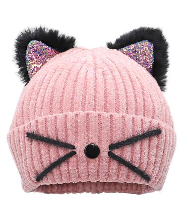 Bellady Mother Children Sequin Cat Ears Hats Warm Knit Crochet Beanies Cute Fashion Skull Cap Adult_pink