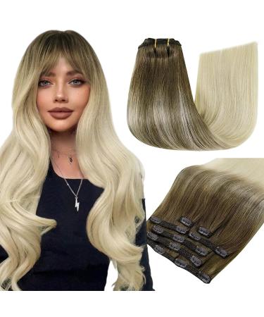 Runature Remy Clip in Extensions real hair blonde balayage 35cm invisible extensions real hair clip in brown blond remy hair extensions clip real hair 7PCs 120g color #ba8/60 35cm-7pcs new #8/60BA