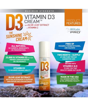 BIOLABS PRO All Natural Vitamin D3 15000IU Vitamin D Cream - Maximum Strength - Fight Vitamin D Deficiency Naturally - with Vitamin K2 & Olive Leaf Extract - Safe & Effective (15 000IU - 3.0oz) 3 Ounce (Pack of 1) 15 000IU - Buy Online on GoSupps.com