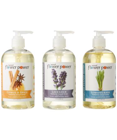 Natural Flower Power - Natural Liquid Hand Soap Variety Pack (Citrus & Spice Lavender and Lemongrass) pH Balanced Pure Essential Oils Soft and Moisturizing Sulfate Free - 12 Ounce (Pack of 3) Citrus Lavender Lemo...