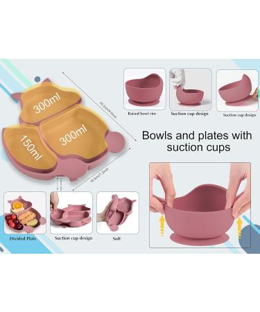 Hoseay Baby Weaning Set 5 in 1 | Silicone Suction Plate, Bowl, Spoon, Fork, Bibs | Pink Squirrel Design | Toddler Feeding Essentials - Buy Online on GoSupps.com