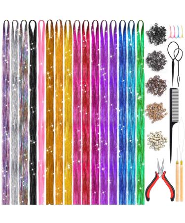 Hair Tinsel Kit (48 Inch  16 Colors  3200 Strands)  Glitter Sparkling Tinsel Hair Extensions with Tools  Heat Resistant Fairy Hair Tinsel Kit for Women Girls Cosplay Party Festival Hair Accessories Style A