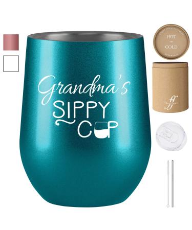 Fancyfams Grandma's Sippy Cup Tumbler 12 oz Stainless Steel Vacuum Insulated Wine Tumbler with Lid and Straw  New Grandma Gifts  Funny Birthday Gift (Turquoise-Grandma's)