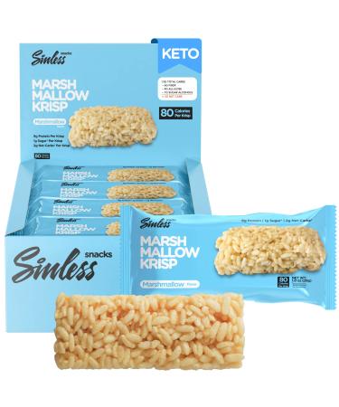 Sinless Snacks Marsh Mallow Krisp, Delicious Gluten Free Marshmallow Keto Cereal Bars, Soft and Chewy Keto Low Sugar Snack, Only 1g Sugar, 9g Protein, 2g Net-Carbs, 8 Pack