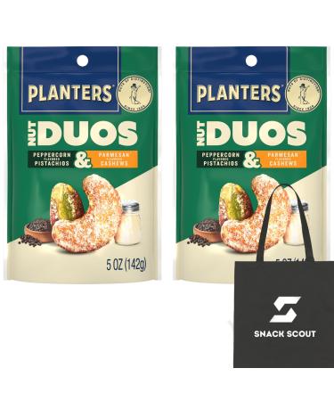 PLANTERS Nut Duos Peppercorn Pistachio and Parmesan Flavored Cashew 5 oz Resealable Bag (Pack of 2) Bundle With Snack Scout Lunch Bag
