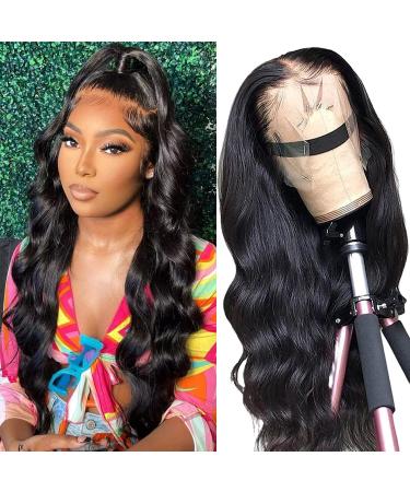 Lace Front Wigs 13x4 Body Wave Transparent Lace Frontal Wigs with Baby Hair Pre Plucked 22 Inch Body Wave Lace Frontal Human Hair Wigs for Black Women 180 Density 22 Natural Black