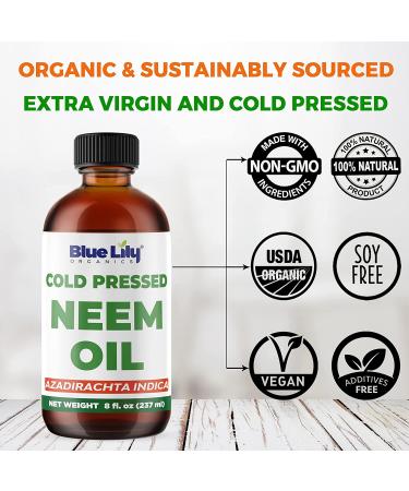 Blue Lily Organic Neem Oil 8 fl oz - USDA Certified 100% Natural Cold Pressed Unrefined Pure Oil for Skin, Hair, Nails, Plants, and Organic Gardening - Buy Online on GoSupps.com