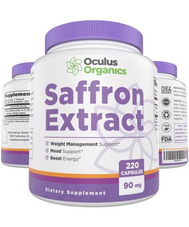 Oculus Organics Saffron Extract Capsules - 220 Capsules 90mg Serving | Saffron Supplements | Saffron Capsules | Saffron Supplement | Mood Booster | Golden Saffron Extract | Antioxidants Supplement |