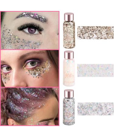 Risvowo Glitter Face Gel - 3-Piece Body Glitter Set for Festival Accessories | Silver Gold & White Makeup for Hair Lips & Nails - Buy Online on GoSupps.com