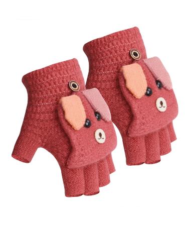 Toddler Kids Puppy Flip Top Short Knitted Half Finger Gloves for 3-8 Yrs Puppy/Red