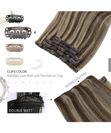 Moresoo Human Hair Extensions Clip in Dark Brown with Caramel Blonde Highlights 12 Inch 5 Pcs/70g #P4/27 - Buy Online on GoSupps.com
