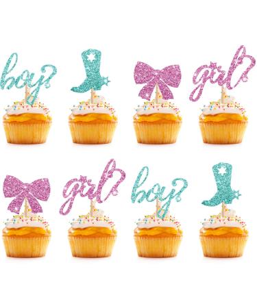 Boy Or Girl Cupcake Toppers Pink & Blue Glitter Baby Shower Cupcake Picks Bows Or Boots/He Or She Cake Decorations for Gender Reveal/First Birthday Party - 24pcs