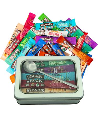 Beanies Flavoured Instant Coffee Sachets - 20 Sticks Mixed Varieties - Bundle with TinTastic Silver Refillable Lid Tin and Latte Spoon - Quick and Tasty On-the-Go - Buy Online on GoSupps.com