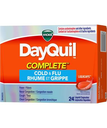Vicks DayQuil COMPLETE Cold and Flu LiquiCaps Medicine Non-Drowsy Daytime Multi-Symptom Relief for Cough Congestion Fever Sore Throat Pain 24 Count 24 Count (Pack of 1) - Buy Online on GoSupps.com