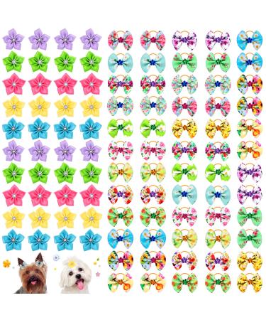 100Pcs/50Pairs Spring Summer Dog Bows Rubber Bands Flower Dog Hair Bows Floral Puppy Bows Easter Dog Grooming Bows for Holiday Dog Puppy Cat Bunny Yorkie Pet Hair Accessories