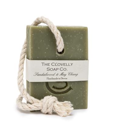 Clovelly Soap Co Natural Handmade Soap on a rope bar (Sandalwood & May Chang with Green Clay 100g) For all skin types.