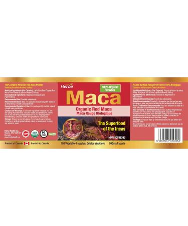 Herba Organic Red Maca Root for Women 500mg - 150 Capsules | Sourced from Peru | Red Maca for Women & Men | Made in Canada - Buy Online on GoSupps.com