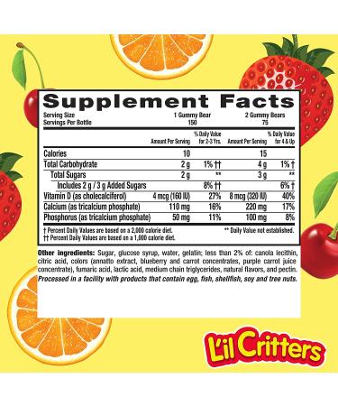 Lil Critters Calcium + D3 Gummies - Bone Support in Black Cherry, Orange & Strawberry Flavors - 150 Count - Buy Online on GoSupps.com