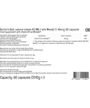 Doctor's Best Vitamin K2 MK-7 45mcg 60 Vegan Capsules | Lab Tested, Gluten Free, Soy Free, Vegetarian - Buy Online on GoSupps.com