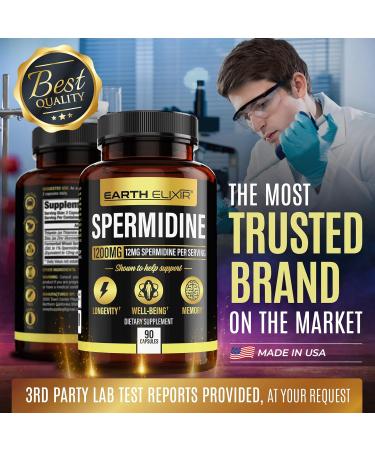 Earth Elixir Spermidine Supplements 1200mg (90 Capsules) Anti Aging - 3rd Party Tested (12mg Spermidine Powder) Max Purity - 100% Pure Espermidina- Fermented Wheat Germ Extract - NMN Alternative - Buy Online on GoSupps.com