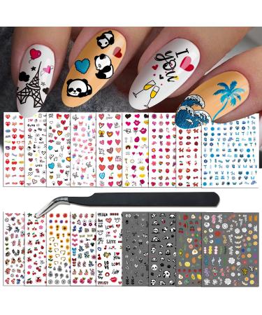 18 Sheets Nail Art Sticker Nail Stickers Decals for Women and Little Girls  Panda Colorful Cartoon Fire Sun Flower Heart Nail Stickers for Nail Art Decoration Self-Adhesive Panda-love
