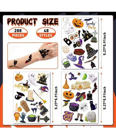 Halloween Temporary Tattoos Set for Kids - 288 Pieces, 48 Styles, Ghost, Pumpkin, Spider Web, Bat, Witch, Cat - Trick or Treat Fake Tattoos - 18 Sheets - Buy Online on GoSupps.com