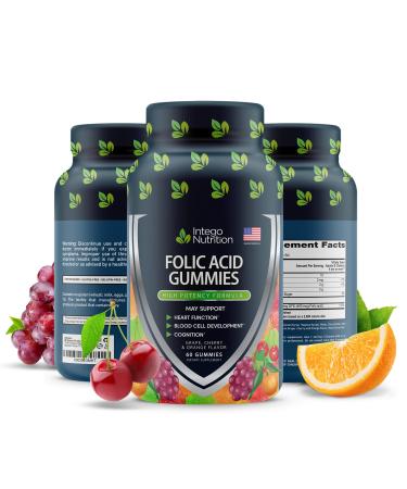 Folic Acid Gummies for Women, Folic Acid for Pregnancy, Chewable Vegan Prenatal Vitamins with Folic Acid 400mcg & Vitamin C, Assorted Fruit Flavors, 60 Count - Intego Nutrition
