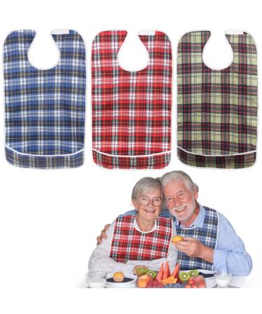 Sumotia 3 pieces of bibs for adults with crumbs waterproof and reusable clothing protection (conspicuous check pattern)