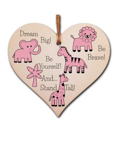 The Plum Penguin Handmade Wooden Hanging Heart Plaque Gift Be Brave Dream Big Be Yourself And Stand Tall new baby present new parents pink safari animals nursery wall decoration