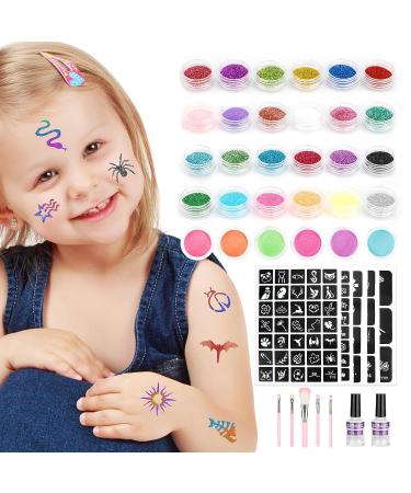 Glitter Tattoo Kit for Kids & Women - 24 Sparkly Colors, 6 Fluorescent, 105 Stencils, Body Glue & Brushes - Perfect for Glow in the Dark Parties - Buy Online on GoSupps.com