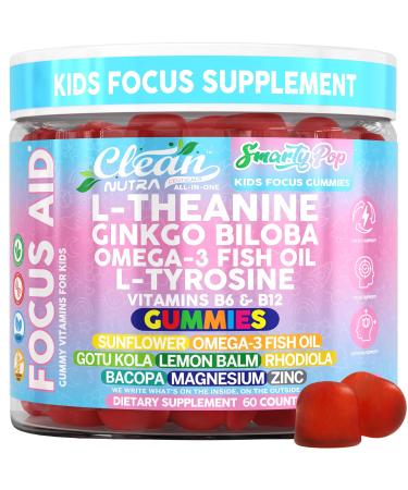Clean Nutra Kids Focus Gummies with L-Theanine Ginkgo Biloba Omega-3 Fish Oil L-Tyrosine Vitamin B6 B12 60 Count Clean Label Non-GMO Vegan-Friendly SmartyPop Formula for Kids Support