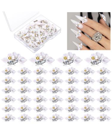50 Pcs 3D Acrylic Flower Nail Charms Fourth of July Star Nail Charm for Nail Gems and Rhinestones with Pearl Beads Crystals Nail Blossom Spring Nail Supplies for DIY (White  Flower Style) White Flower Style