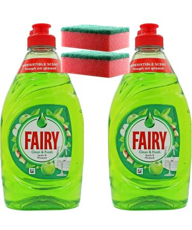 Fairy Washing Up Liquid - Powerful Dishwasher Cleaner Grease Cutting Formula Gentle on Skin - Concentrated Dishwasher Liquid Detergent Apple & Rhubarb 2x 320 ml with 2 Oerich Scourers