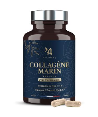 Collagene Marin + Acide Hyaluronique - Peau et Articulations - Enrichi en Vitamine C - Collag ne Premium Hydrolis Type 1 et 2-90 G lules - Fabriqu en France par Apyforme